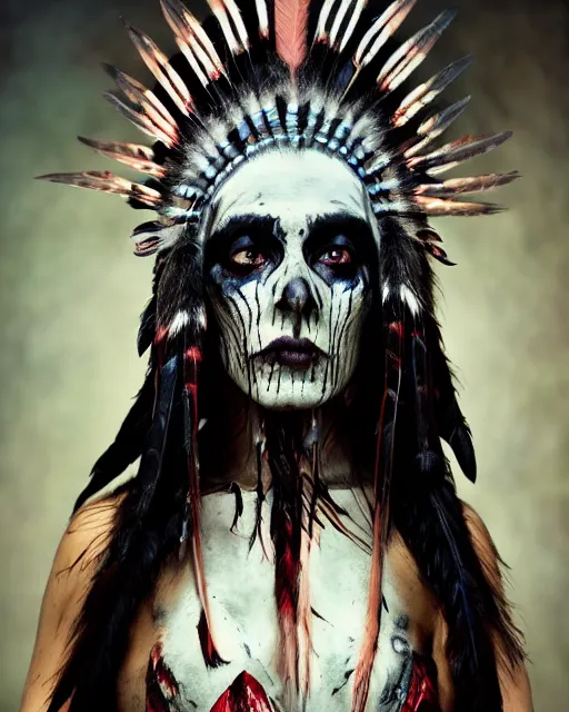 Image similar to lady native sisters ghost - spirit of the grim - warpaint wears the scarlet skull armor and native blood headdress feathers, midnight fog - mist!, dark oil painting colors, realism, cinematic lighting, various refining methods, micro macro autofocus, ultra definition, award winning photo, photograph by ghostwave - gammell - giger - shadowlord