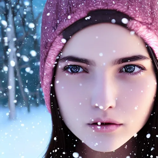 Image similar to a pink and black haired girl wearing a beanie in the snow, digital art, 8 k resolution, unreal engine, highly detailed, pretty face, very beautiful face, very detailed eyes, photorealistic by wlop, greg rutkowski