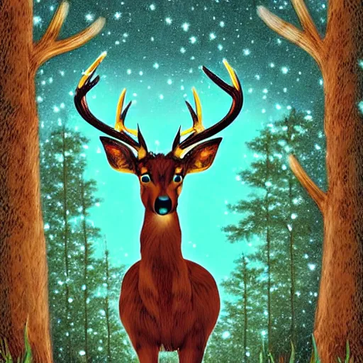 Image similar to A mystic deer with majestic antlers in an enchanted forest. Moonlight. Fireflies. Celtic fantasy style. Digital art.