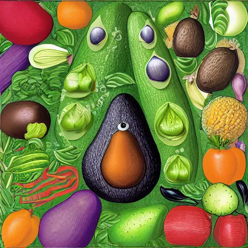 Image similar to hairy avocado surrounded by vegetables of different sizes and shapes, in the style of Dali and Bosch