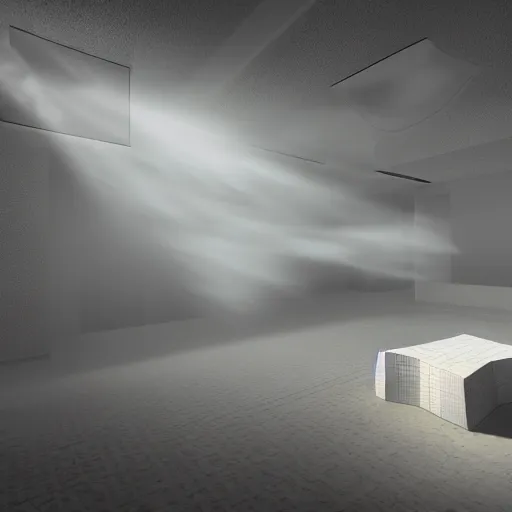 Image similar to detailed 3d photorealistic render of visual representation of information as a physical phenomena. volumetric lighting, subsurface scattering, caustics, mist, mystical, light transport simulation, smoke, particles simulation