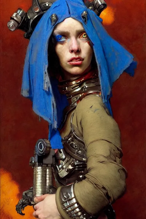 Prompt: full character portrait max mad cyberpunk warhammer 4 0 k, medic sapper not the girl with the pearl earring character design, painting by gaston bussiere, katsuya terada, nc wyeth, greg rutkowski, craig mullins, vermeer, frank frazetta, mucha, tom of finland, trending on artstation, jeffery catherine jones, by norman rockwell