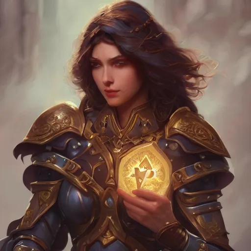 Image similar to paladin, female, chains, d & d, fantasy, intricate, elegant, highly detailed, digital painting, artstation, octane render, concept art, matte, sharp focus, illustration, hearthstone, art by artgerm and greg rutkowski and alphonse mucha