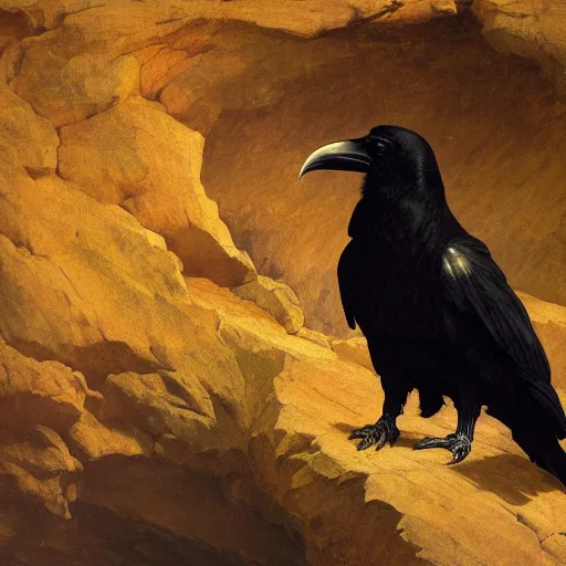 Image similar to a beautifully highly detailed close up portrait of a raven under a rock arch, coves crashing waves plants, beautiful serene sunset, detailed organic textures, by frederic leighton and rosetti and turner and eugene von guerard, 4 k