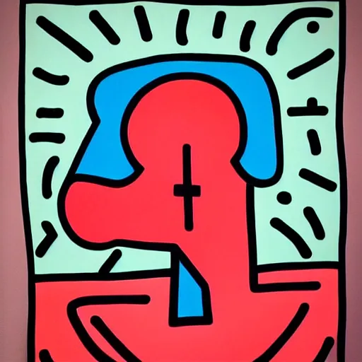 Prompt: constructivist, pale blue by keith haring, by frida kahlo dismal, passionate. a beautiful mixed mediart of a giant head. the head is bald & has a big nose. the eyes are wide open & have a crazy look. the mouth is open & has sharp teeth. the neck is long & thin.