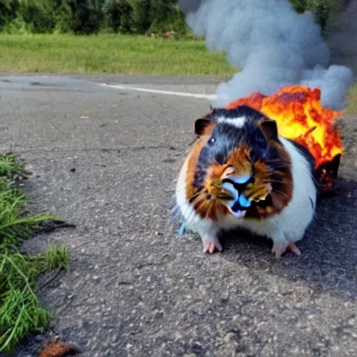 Image similar to a Guinea pig taking a selfie in front of a burning house