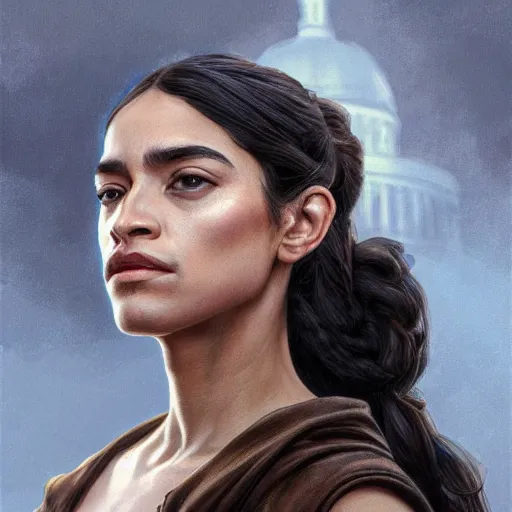 Image similar to ultra realistic illustration, alexandria ocasio - cortez in le miserables, intricate, elegant, highly detailed, digital painting, artstation, concept art, smooth, sharp focus, illustration, art by artgerm and greg rutkowski and alphonse mucha