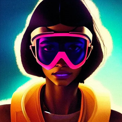 Image similar to zendaya wearing opaque reflective goggles profile picture by Greg Rutkowski, brown skin, very long hair, dune, asymmetrical, futuristic, neon volumetric lights, cool colors, streetwear, studio ghibli, Organic Painting , Matte Painting, geometric shapes, hard edges, street art, trending on the artstation, fantasy LUT, realistic by Sachin Teng + Martin Grip + Moebius, techwear, Industrial Scifi, detailed illustration, character portrait, blurred background