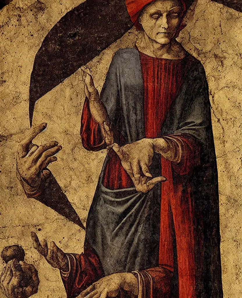 Prompt: a fresco of a renaissance fortune teller holding up the death card tarot painted by Leonardo da Vinci