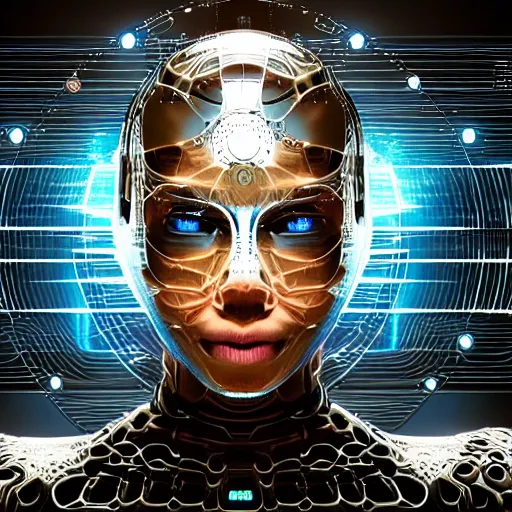 Image similar to an insanely detailed cibernetic artwork of a futuristic artificial intelligence superstar, centered image, with frames made of detailed fractals, octsne render, 4k, insanely detailed, cgi