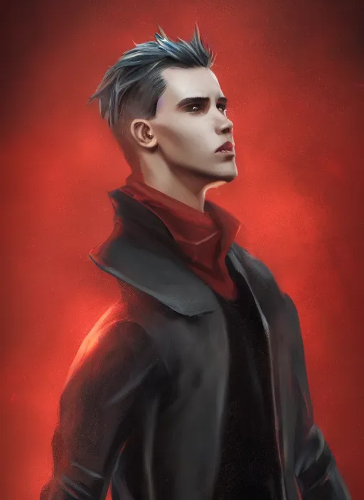 Prompt: An epic fantasy comic book style portrait painting of a young man with black cowlick haircut, wearing black overcoat, red clothes, blue jeans. Unreal 5, DAZ, hyperrealistic, octane render, cosplay, RPG portrait, dynamic lighting