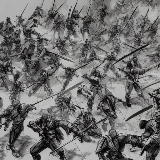 Image similar to one hero with sword looking at army of swordsmen in the background, in the middle of an arena, crowd of people, pencil art, straight, clear, added detail, high definiton, colored, backfacing, by yoji shinkawa