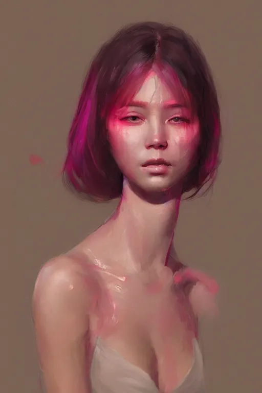 Image similar to a fancy portrait of an attractive alian women with pink skin by Greg Rutkowski, Sung Choi, Mitchell Mohrhauser, Maciej Kuciara, Johnson Ting, Maxim Verehin, Peter Konig, final fantasy , 8k photorealistic, cinematic lighting, HD, high details, atmospheric , trending on artstation