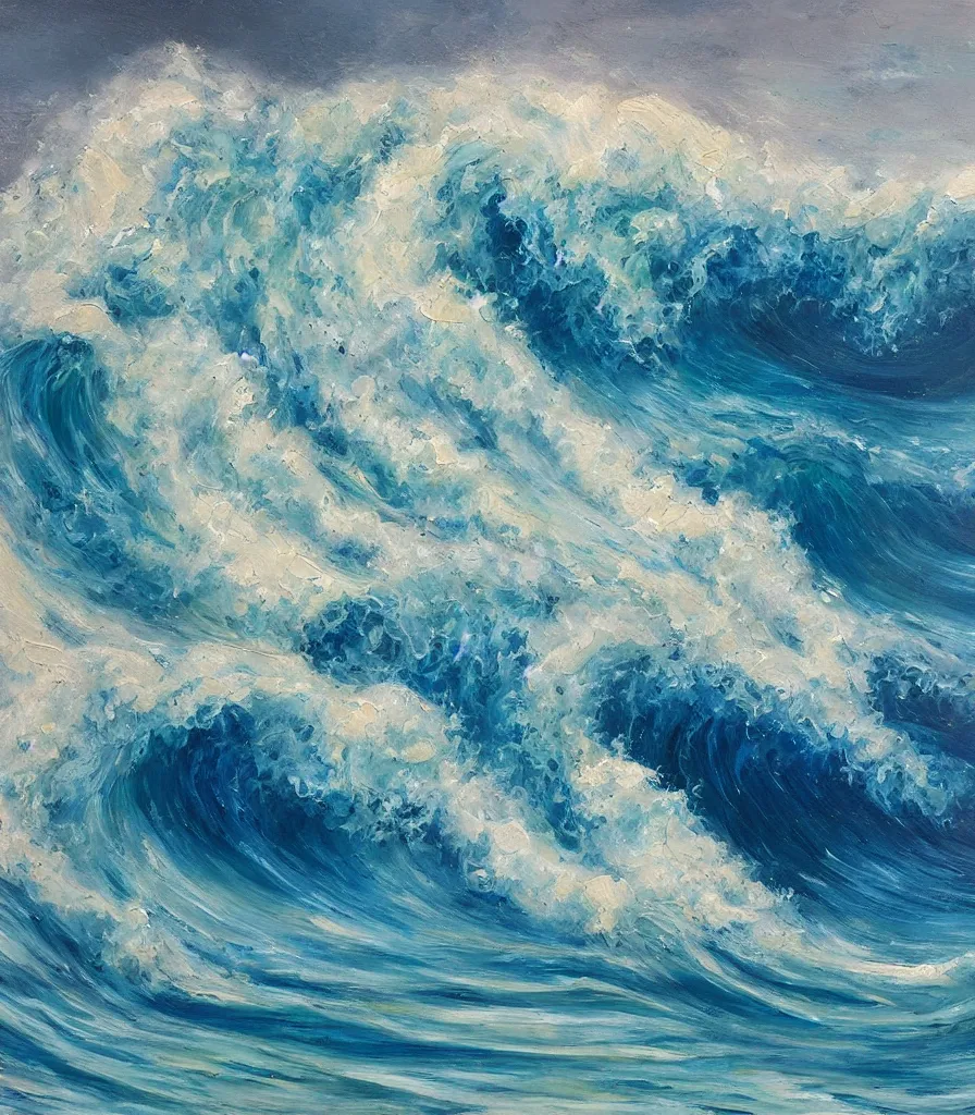 Image similar to an impasto oil painting of a beautiful hawaiian waves, monochromatic color scheme, high detail, breathtaking wave, modern art, abstract art, soft colors