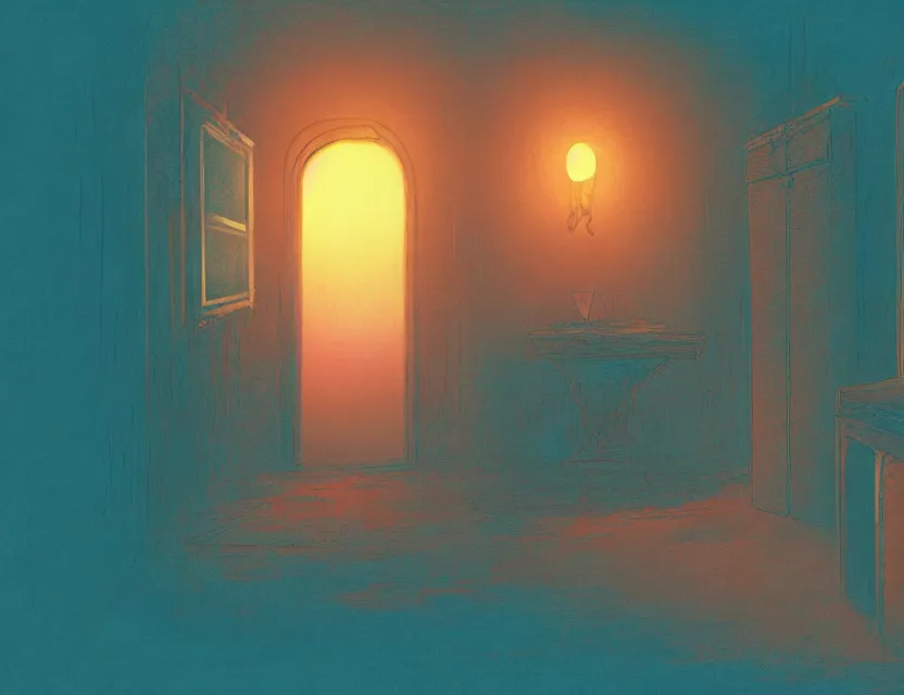 Prompt: psychological horror movie set. complementary colors, vaporwave, gouache, indie concept art, bloom, chiaroscuro, backlighting, intricate details.