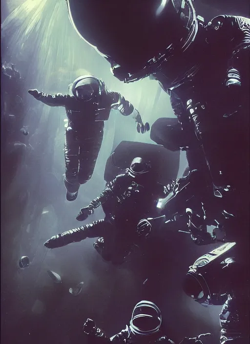 Image similar to astronauts in dark void underwater - complex and hyperdetailed technical suit. reflection and dispersion materials. rays and dispersion of light. volumetric light. f / 3 2. noise film photo. flash photography. ultra realistic, wide angle. poster by wayne barlowe, hajime sorayama aaron horkey, craig mullins