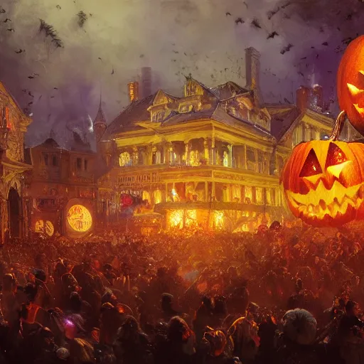 Image similar to halloween festival with colorful fireworks, 8 k octane beautifully detailed render, post - processing, extremely hyper - detailed, intricate, epic composition, cinematic lighting, masterpiece, trending on artstation, masterpiece, stunning art by anders zorn, wonderful masterpiece by greg rutkowski, beautiful cinematic