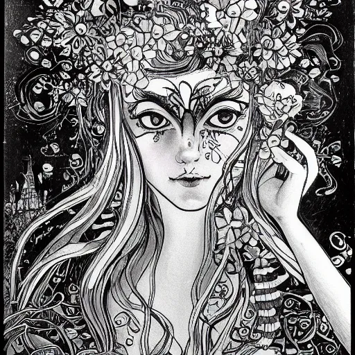 Image similar to prompt: beautiful girl in lake with light up face painted in baroque style, nymph in the water, small flowers around and on the side, 1980 manga, black and white photo, intricate ink drawing, high detail, Neo-expressionism, post-modern gouache marks on the side, gnarly details in the water and brushstrokes