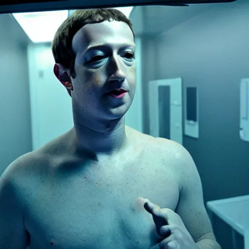 Image similar to mark zuckerberg awakening from his alien cryogenic chamber with slimy feeding tubes attached. inside a room with futuristic touchscreen medical equipment. Surrounded by skinny translucent aliens. Photograph from science fiction movie.