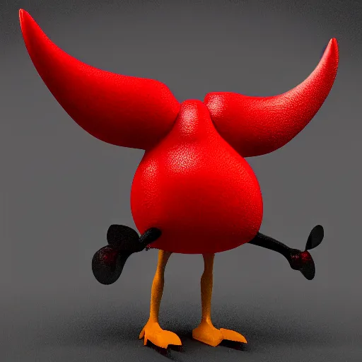 Prompt: 3 d model of a red penguin with horns wearing a belt, blender render, fully in frame