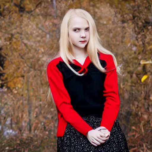 Prompt: of long blond hair teenage girl wearing red sweater with short black skirt and high heal shoes