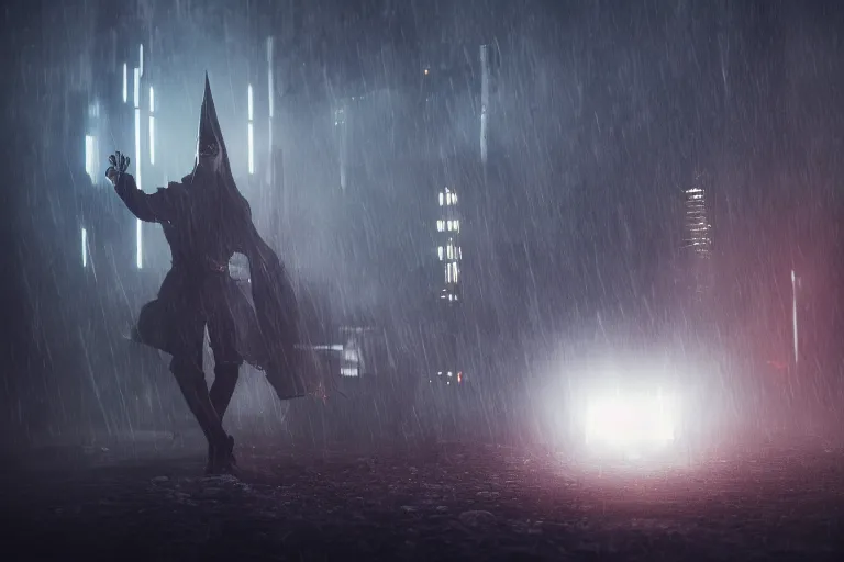 Image similar to techno-wizard, lightening, cyberpunk, occult, dark, summoning ritual, dugeon, photo realistic, cinematic lighting, epic composition, foggy, dark atmosphere, dark magic atmosphere, highly detailed