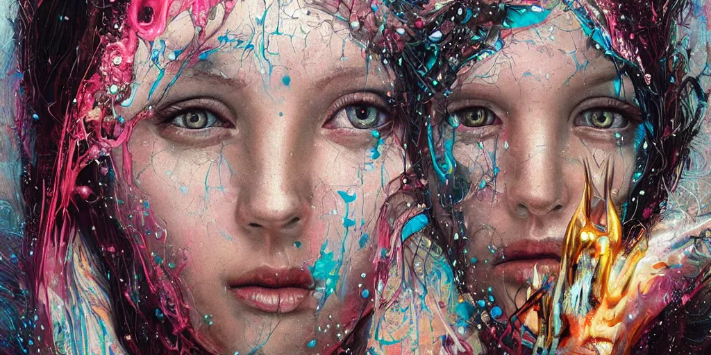 Image similar to portrait of Virgin Mary, melting ,8k,by tristan eaton,Stanley Artgermm,Tom Bagshaw,Greg Rutkowski,Carne Griffiths, Ayami Kojima, Beksinski, Giger,trending on DeviantArt,face enhance,hyper detailed,minimalist,cybernetic, android, blade runner,full of colour, super detailed