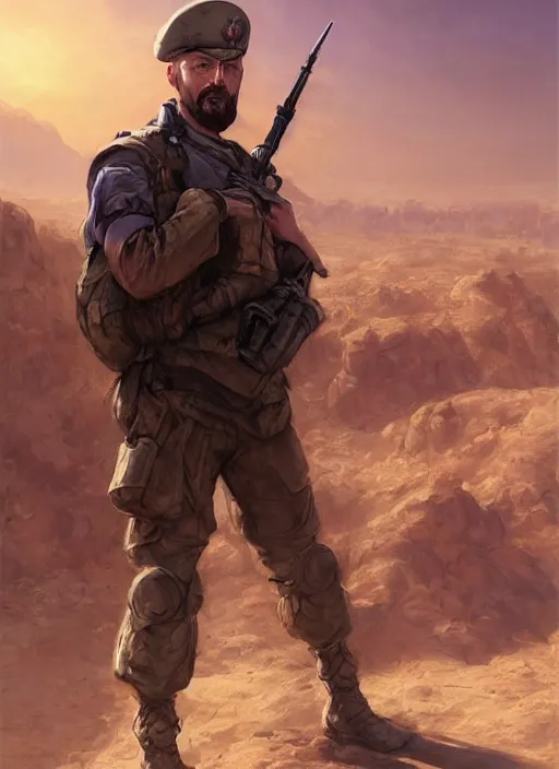 Image similar to purple scene lighting, detailed character portrait concept art, white male, strong muscular mature, soldier with beard, short hair, in a soldier uniform, desert with city in the background, sharp focus, illustration, highly detailed, digital painting, concept art, matte, art by wlop and artgerm and greg rutkowski, masterpiece