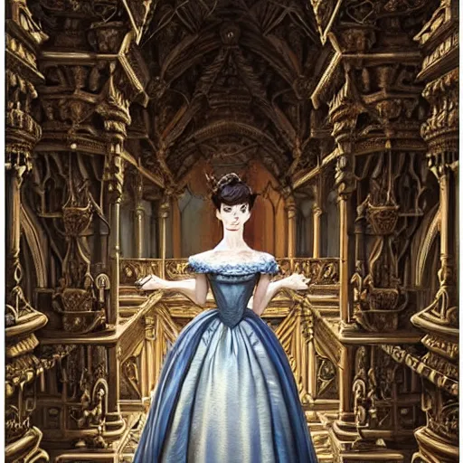 Image similar to audrey hepburn in an epic victorian novel, inside an ornate castle, intricate, elegant, highly detailed, digital painting, artstation, matte, illustration, art by artgerm, greg rutkowski, loish, rhads, ferdinand knab, makoto shinkai, lois van baarle, ilya kuvshinov, rossdraws, tom bagshaw