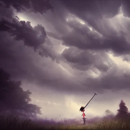 Image similar to young girl playing flute, birch forest clearing, storm at night, lightning dragons attack, low angle facing sky, cinematic, dramatic lighting, big storm clouds, high contrast, artstation, ghibli, hosada