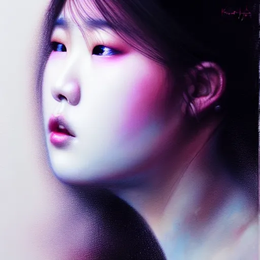 Image similar to roseanne park of blackpink, hyperrealistic portrait, bladerunner street, by karol bak and agnes cecile, fantasy art, photo realistic, dynamic lighting, artstation, poster, volumetric lighting, very detailed face, intricate complexity, rule of thirds, 8 k, award winning