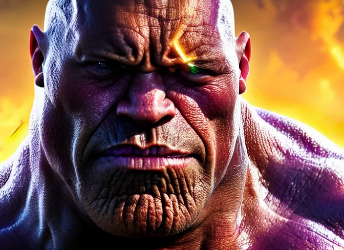 Image similar to Dwayne Johnson as Thanos, au naturel, hyper detailed, digital art, trending in artstation, cinematic lighting, studio quality, smooth render, unreal engine 5 rendered, octane rendered, art style by klimt and nixeu and ian sprigger and wlop and krenz cushart