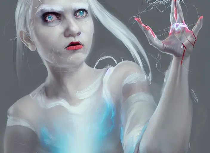 Image similar to girl with silk glowing white hair with glowing white stings coming out of her hands, she poses as a puppeteer with her hands infront of her concept art trending on artstation oilpaint portrait