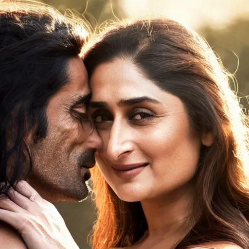 Image similar to closeup of kareena kapoor and arjun rampal kissing, natural lighting, hyper detailed, 1 0 0 mm, photographic, cinematic lighting, studio quality.