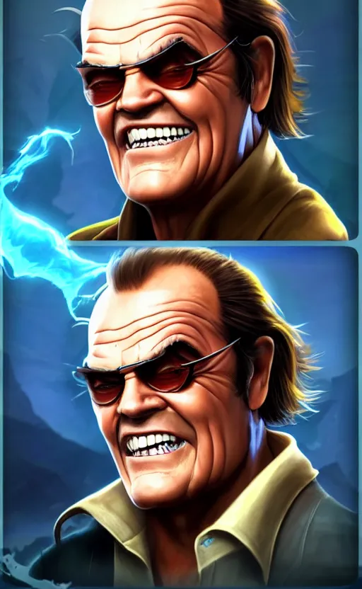 Image similar to Jack Nicholson as a character in the game League of Legends, with a background based on the game League of Legends, detailed face, old 3d graphics