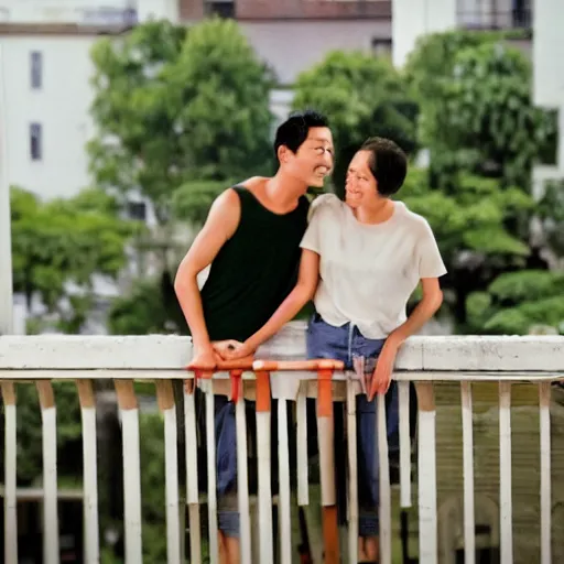 Prompt: puuung art of a couple starring happily at the balcony