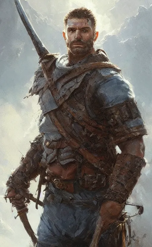 Prompt: Portrait of a rugged ranger marching toward the viewer, male, muscular, blue eyes!!!!, straight nose!!!, detailed face, exposed thighs!!!, fantasy, medieval, highly detailed, cinematic lighting, digital art painting by greg rutkowski