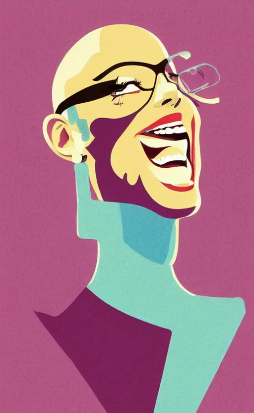 Image similar to illustration portrait of a woman with white buzzcut laughing out loud, art deco painting by tom whalen, funny meme photo, trending on behance, digital illustration, storybook illustration, grainy texture, flat shading, vector art, airbrush, pastel, watercolor, poster