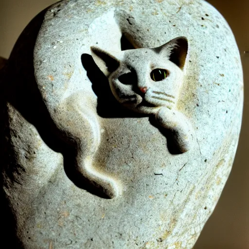 Image similar to photo of petrified stone kitten, 35 mm,