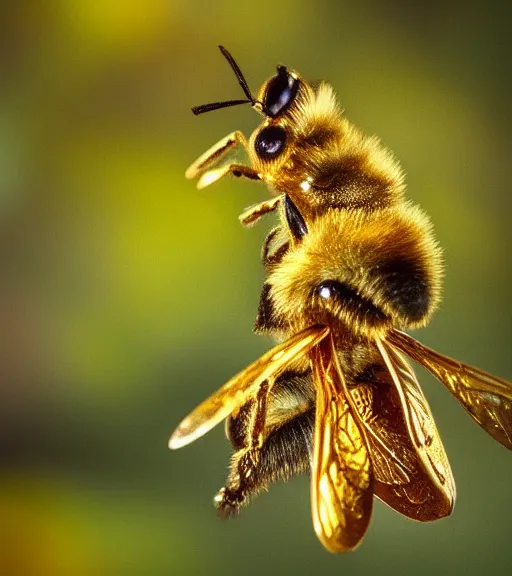 Prompt: super macro photo of a golden bee on a flower in a forest. dof. bokeh. magical atmosphere. art by greg rutkowski. lifelike. very detailed 8 k. intricate. soft light. nikon d 8 5 0.