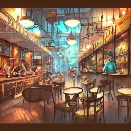 Prompt: an intricate concept art illustration of a coffee shop,, cinematic light, colorful, by artgerm