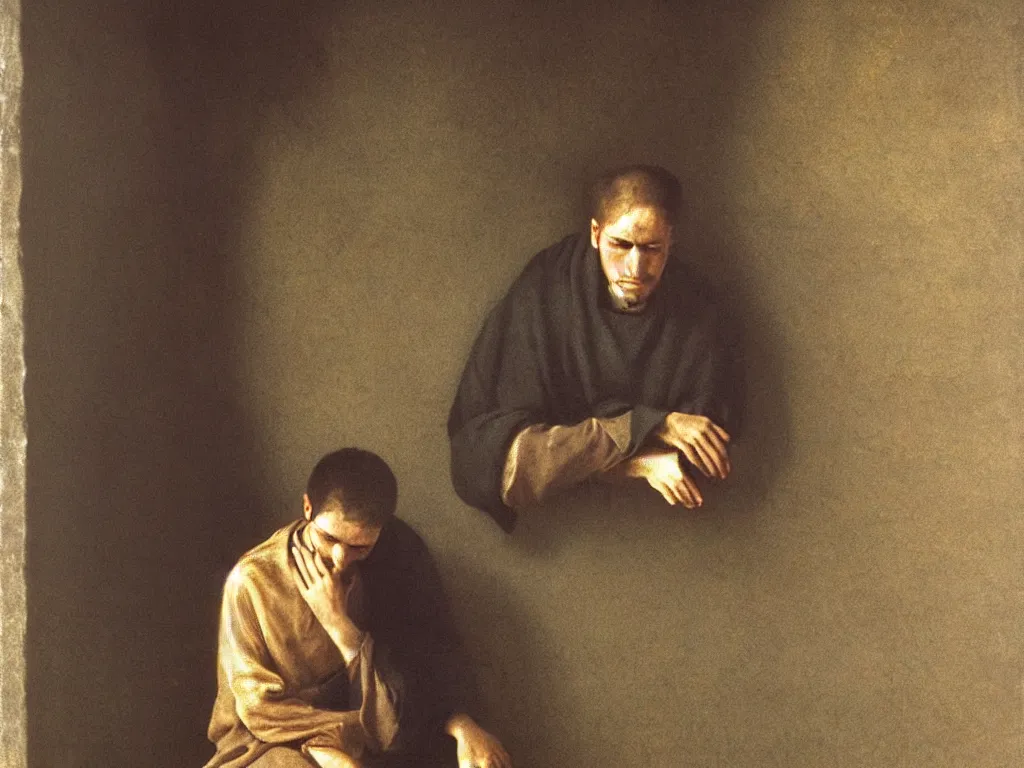 Image similar to Young holy man sitting with the hand on his cheek. Dark shadow on the old wall with cracked paint. Golden harsh light. Painting by Zurbaran, Koudelka