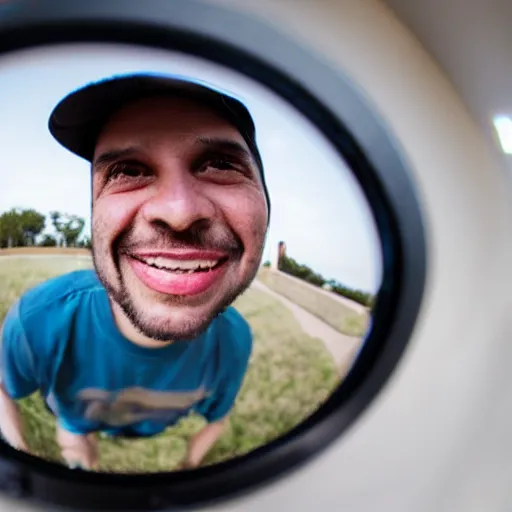 Image similar to Fisheye lens 1 inch from a man's face as he smiles widely