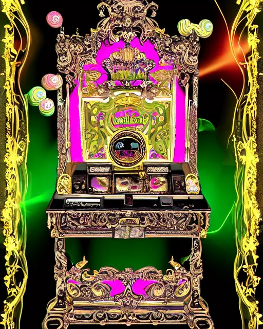 Image similar to baroque rococo-style bedazzled gothic royalty frames surrounding an slots pinball machine of pixelsort energy drink made out of glowing ooze, radioactive candy worms, and fairy magick.