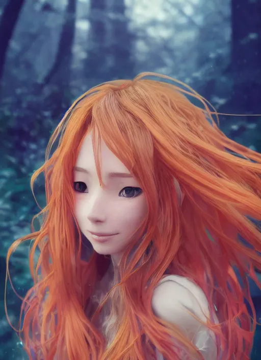 Prompt: beautiful portrait of Asuna Yuuki, orange flowing hair, magical, forest, sunset, blue mist, rain, symmetrical face, large hazel eyes, pale, hyper realistic, digital art, octane render, trending on artstation, artstationHD, artstationHQ, unreal engine, 4k, 8k