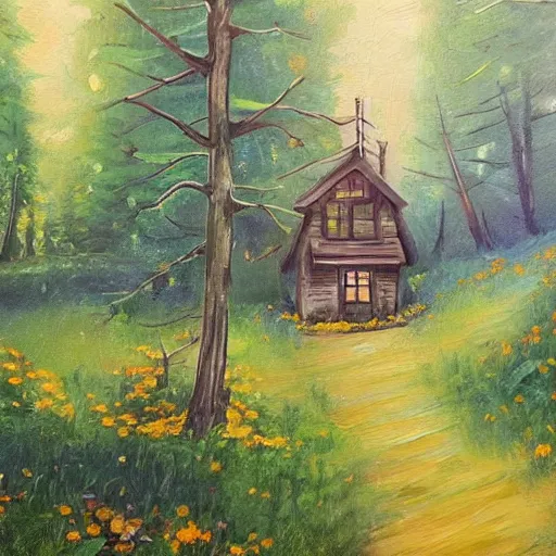 Prompt: oil painting, small house in the forest deep view, with amazing three's and fairytale around, 8 k, amazing illustration trending