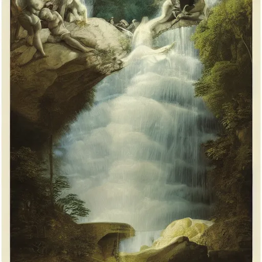 Image similar to A beautiful collage of a waterfalls going into a city. lithograph by Roberto Ferri, by Chip Zdarsky decorative