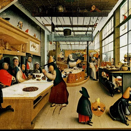 Prompt: inside a waffle making factory by hieronymus bosch, happy chef, highly detailed, colorful