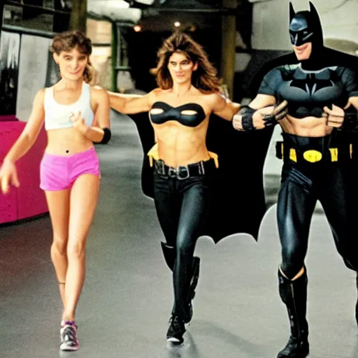 Prompt: Cindy Crawford is batman giving aerobic class