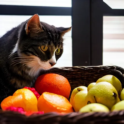 Prompt: warehouse cat guarding a basket of fruit, photograph, dramatic lighting, 4k